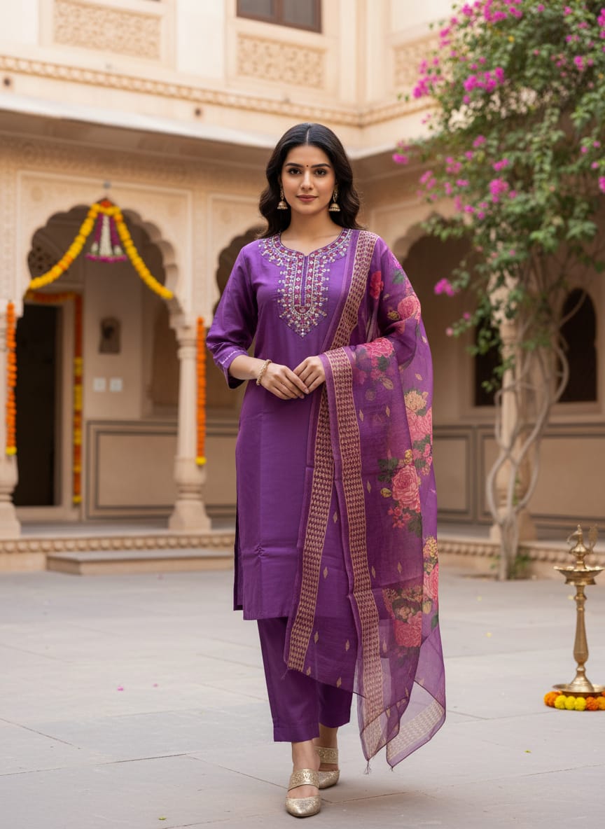 Embroidered Thread Work Kurta Sets in Purple