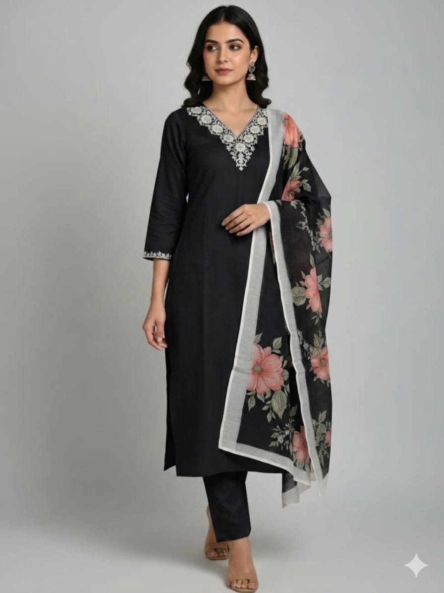 Embroidered Thread Work Kurta Sets in Black