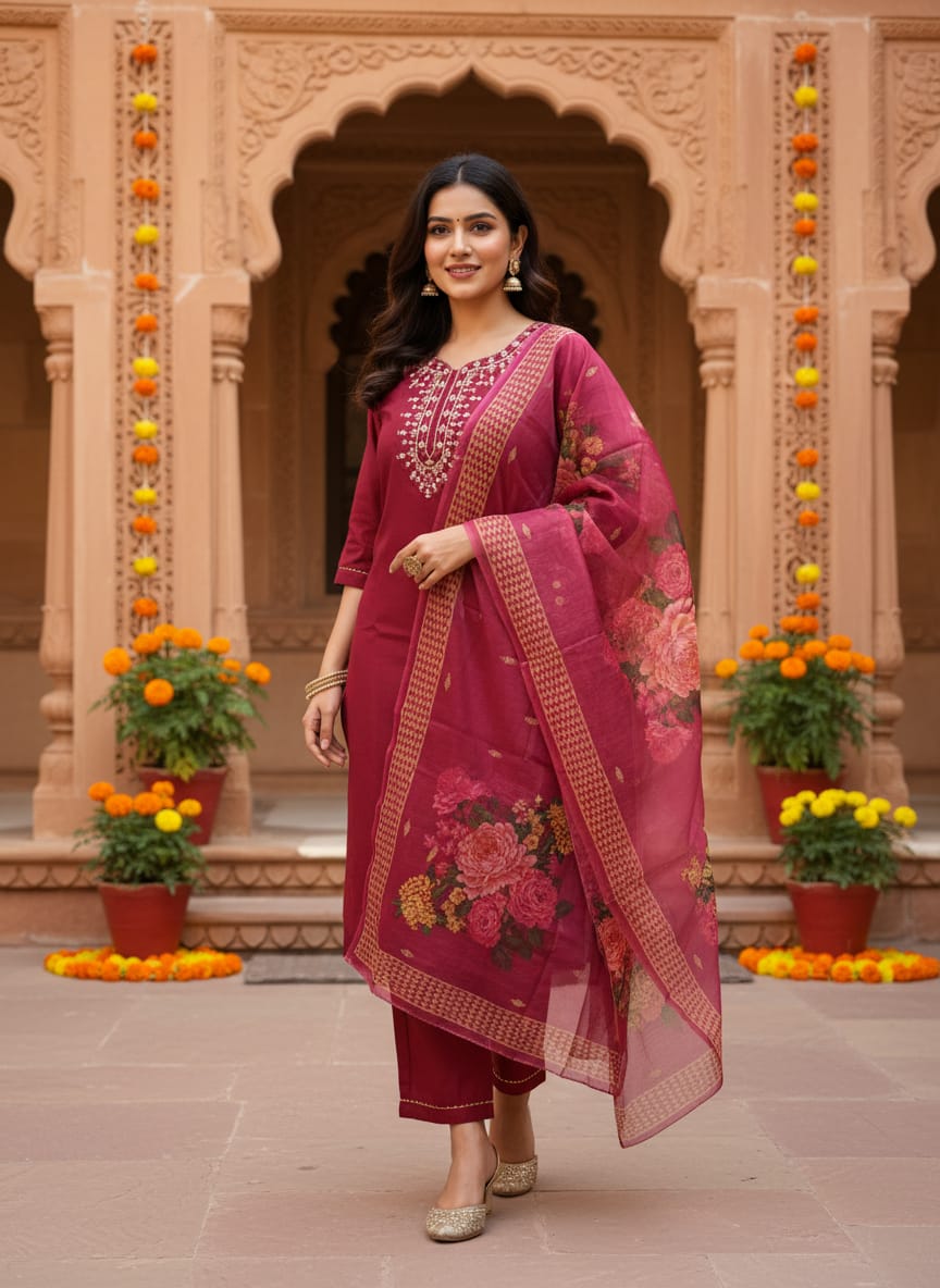 Embroidered Thread Work Kurta Sets in Maroon